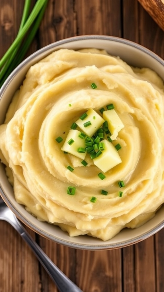 A bowl of creamy mashed russet potatoes garnished with chives on a rustic wooden table.